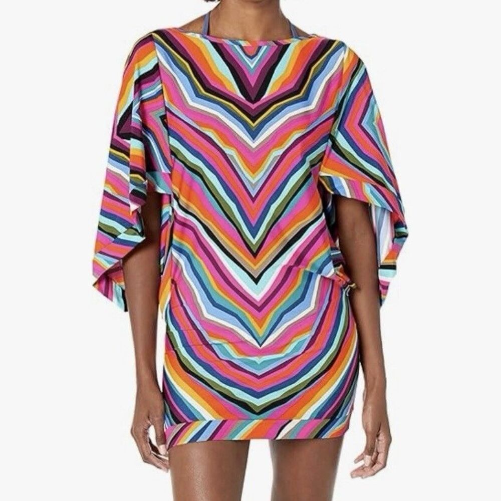 Trina Turk Louvre Swim Tunic Cover Up M Rainbow‎ Chevron Stretch Beach Dress